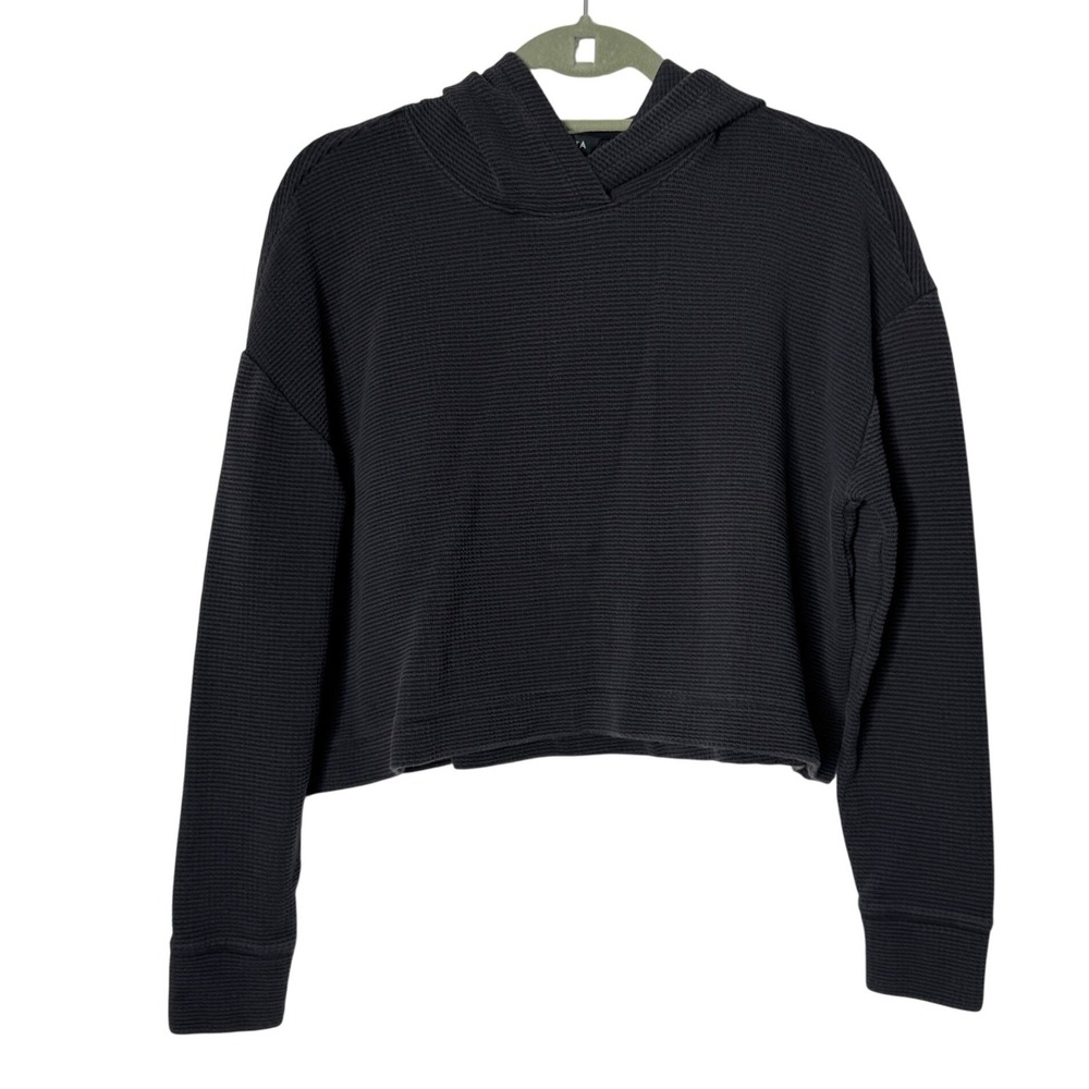 Athleta Coaster Luxe Waffle Knit Cropped Hoodie Washed Black Pullover Size Small